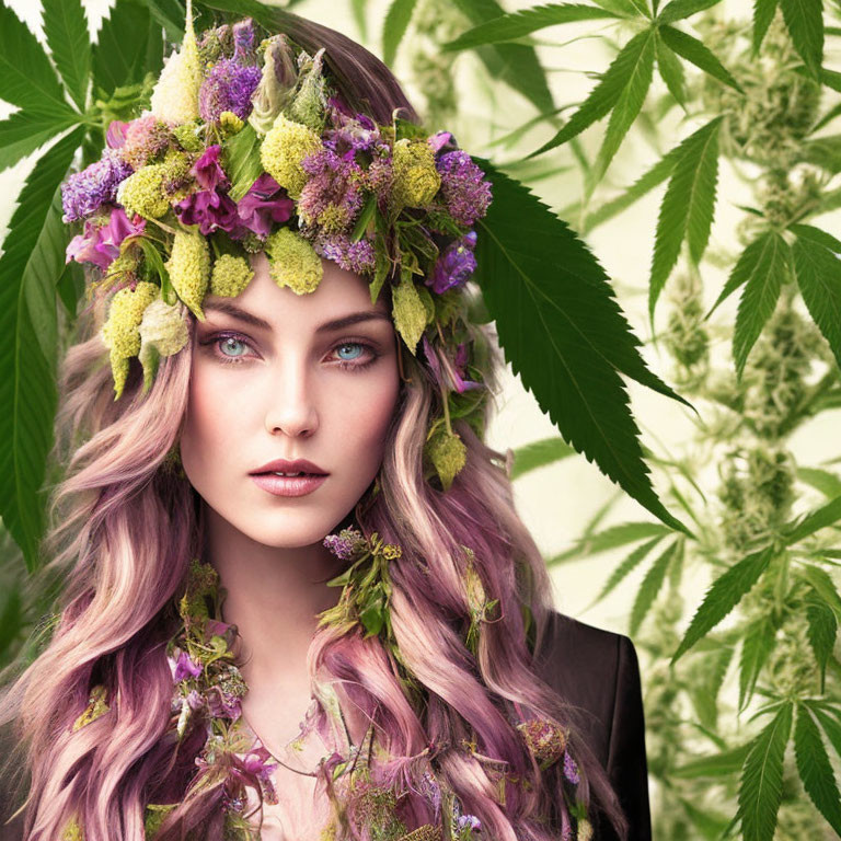 Blue-eyed woman with pink wavy hair and floral crown on cannabis leaf background