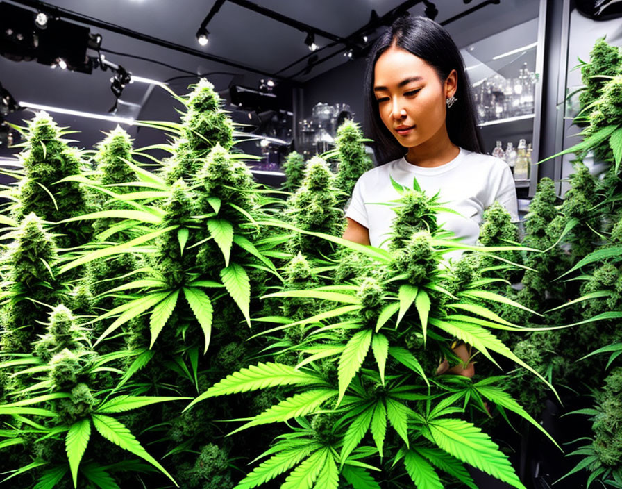 Woman examining mature cannabis plants in bright indoor grow room