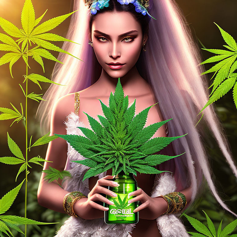 Digital art: Woman with pastel hair, bold makeup, and cannabis leaf.