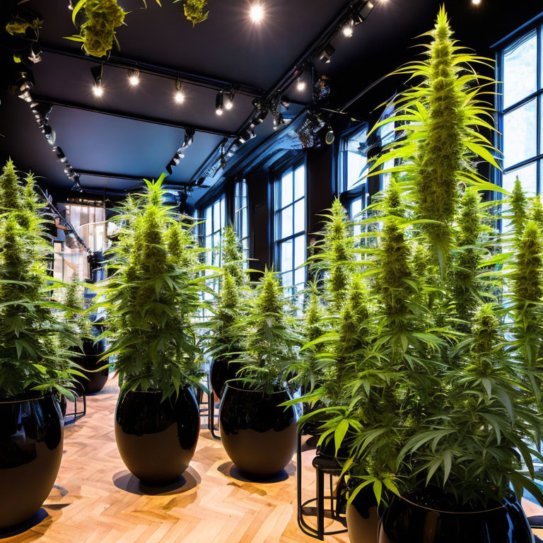 Modern indoor cannabis grow room with large plants, black pots, and sophisticated lighting