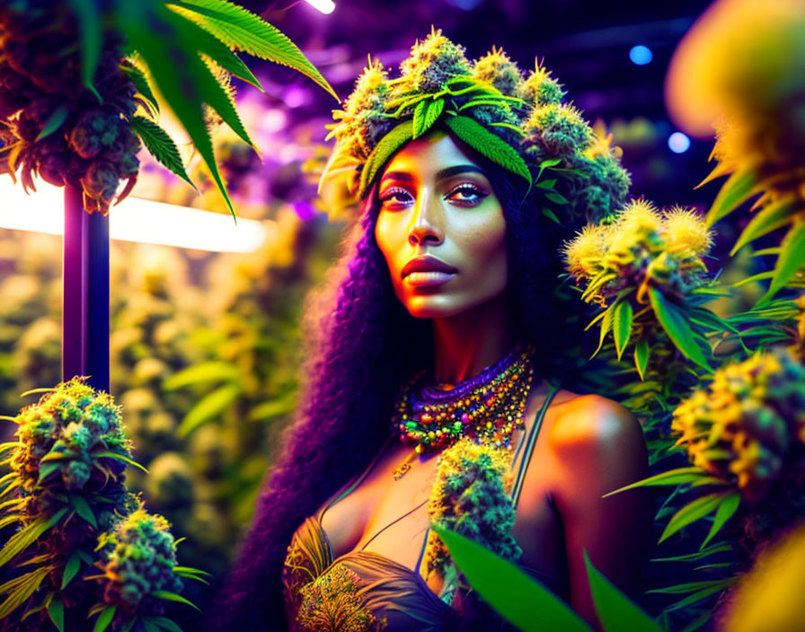 Woman surrounded by cannabis leaves and flowers in botanical setting.