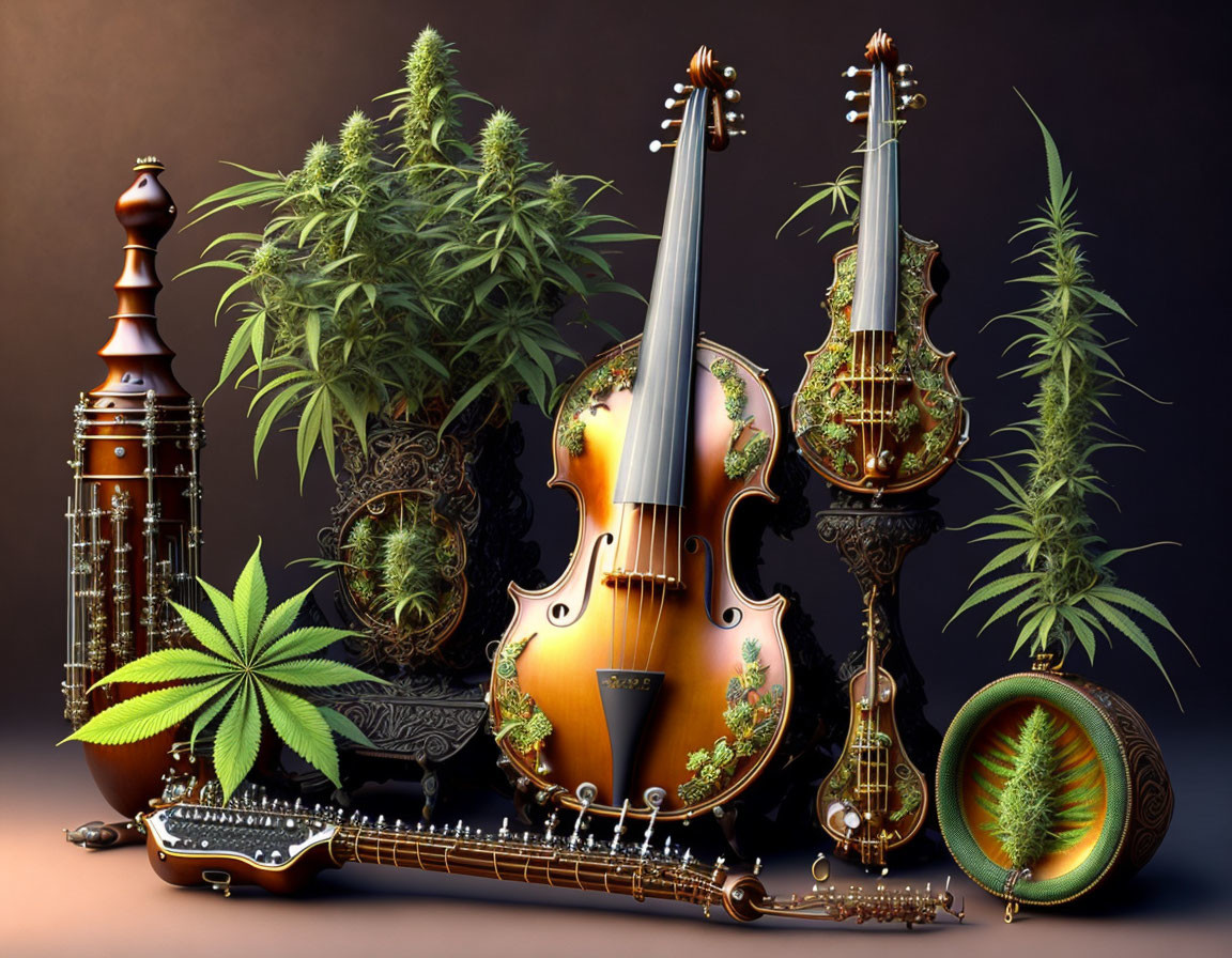 String instruments with cannabis-themed designs on dark background