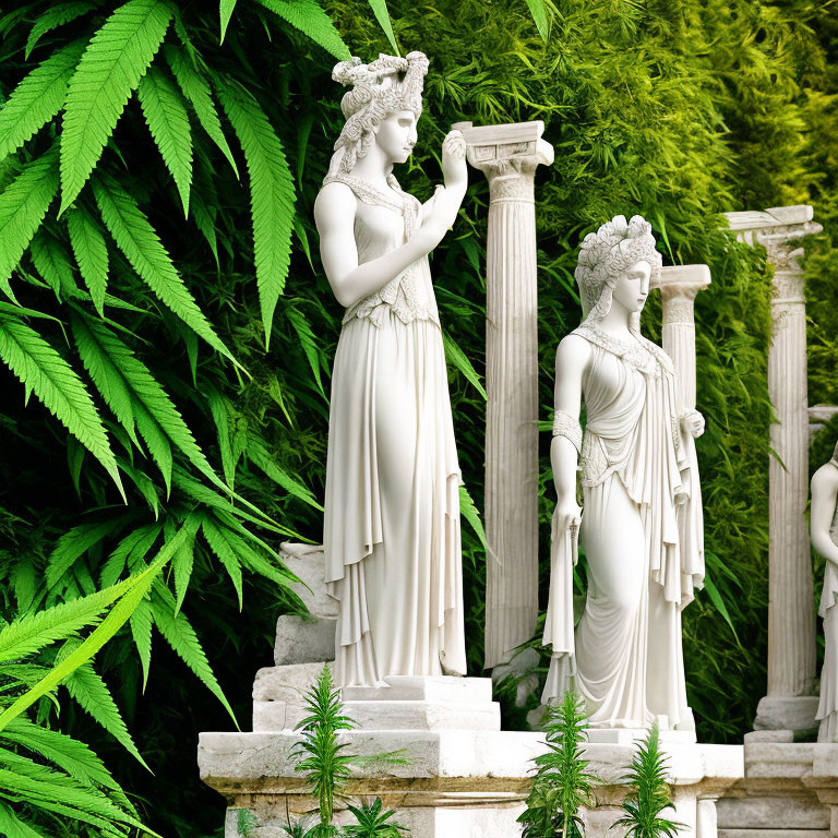 Classical statues of robed women in garden setting with columns and lush greenery.