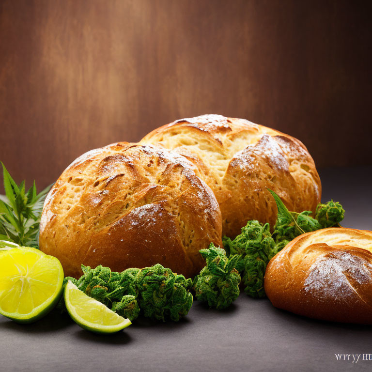 Fresh artisan bread loaves with crispy crusts and herbs on dark background