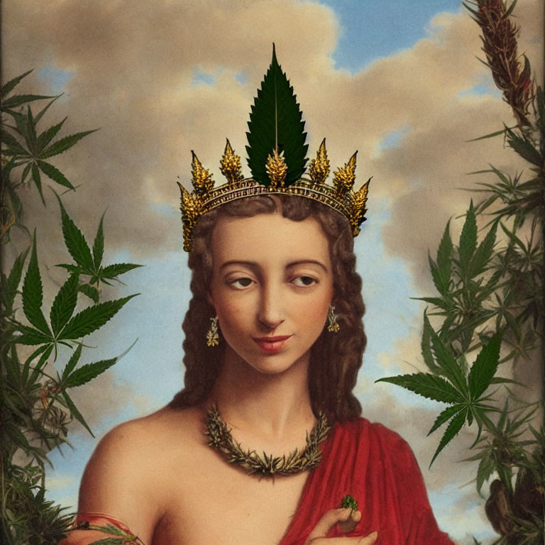 Woman with Cannabis Leaf Crown and Necklace in Sky Setting surrounded by Plants