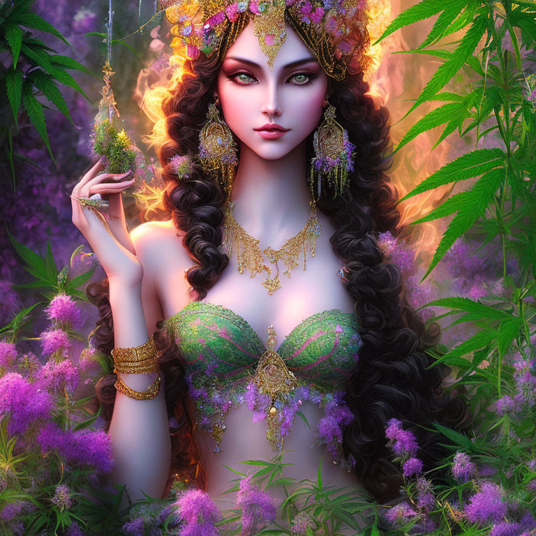 Fantastical woman adorned with jewelry in magical forest scenery