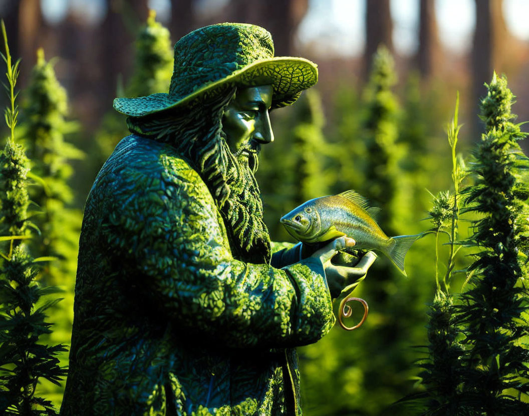 Person in Green Camouflage Costume Holding Fish in Plant-Filled Background