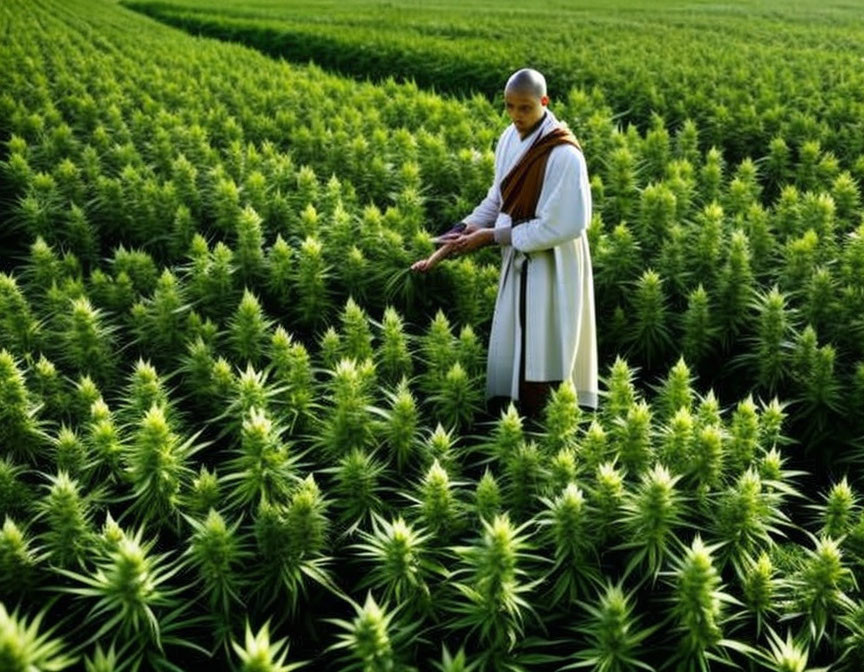 Traditional Attired Monk in Lush Green Field