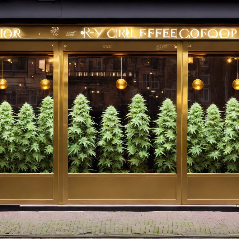 Coffee Shop Storefront with Cannabis Plants and Golden Decor