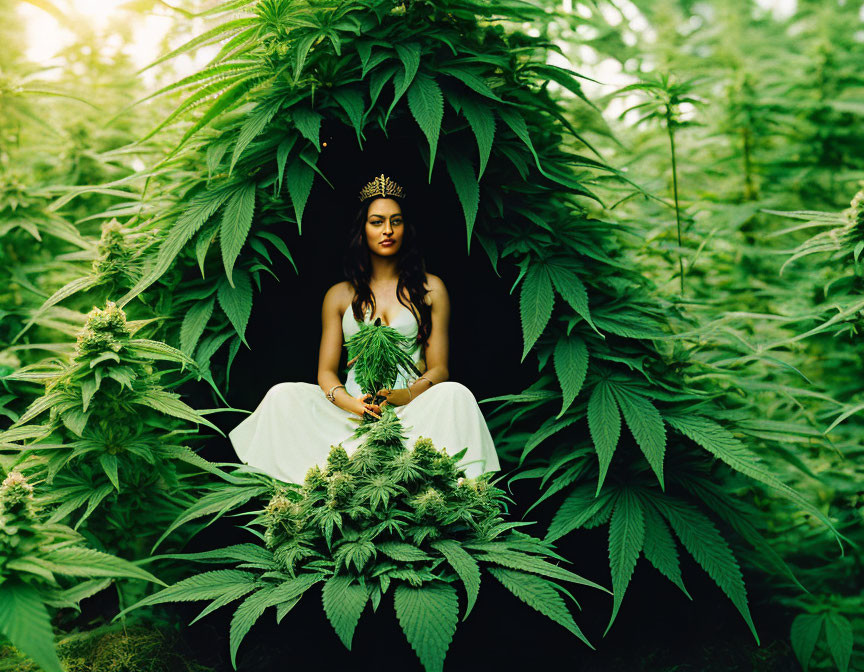 Woman in white dress with tiara surrounded by cannabis plants, exuding nature queen vibe