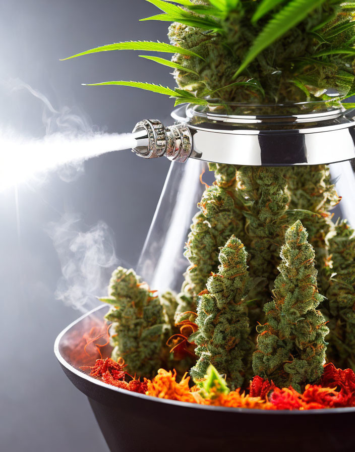 Fresh cannabis buds in grinder with smoke and machine part on dark background