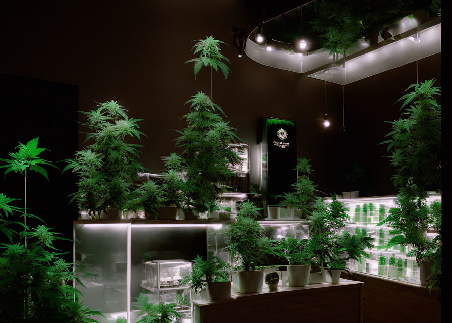 Lush Cannabis Plants in Modern Indoor Garden Display