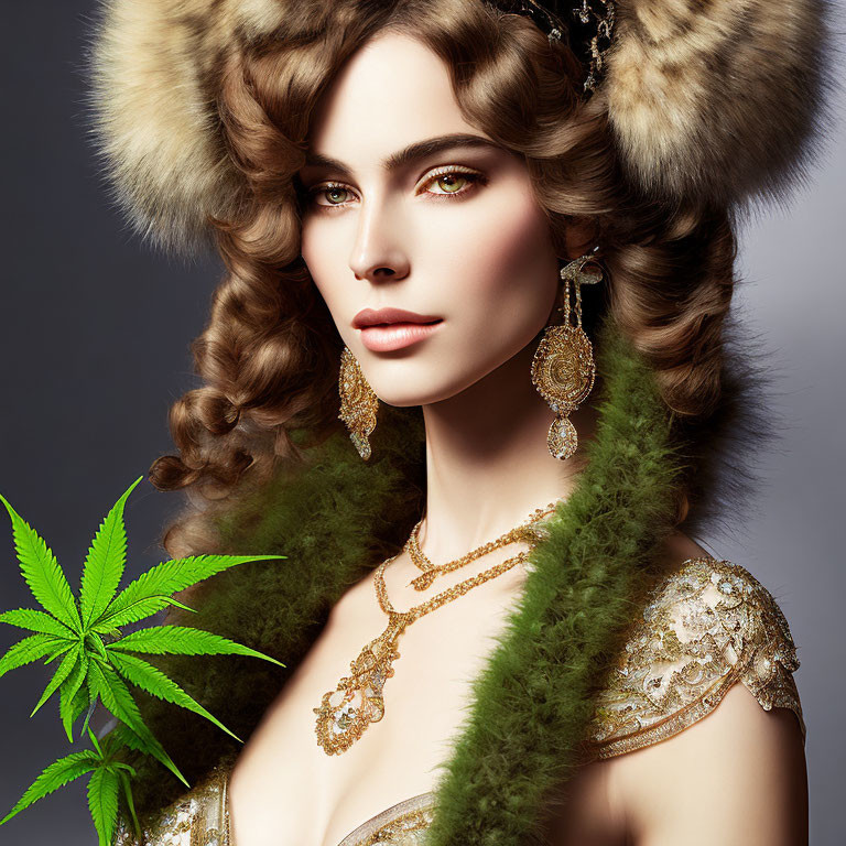 Luxurious fur hat and green feathered attire with gold jewelry next to cannabis leaf symbol