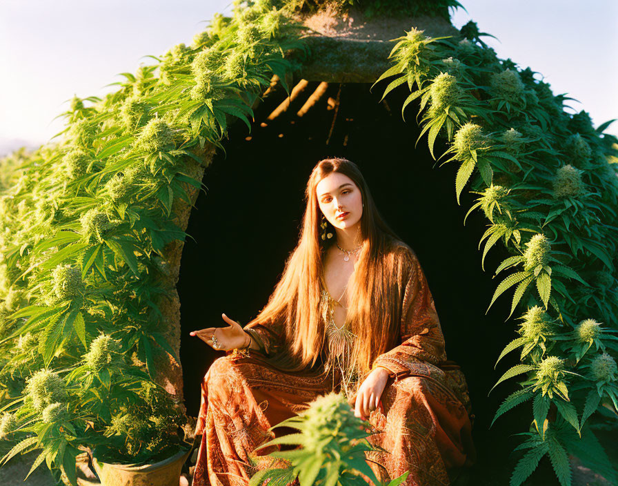 Woman in flowing dress by circular doorway with lush green plants and sunlight.