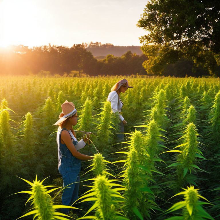 Individuals tending to cannabis farm at sunset with warm sunlight.