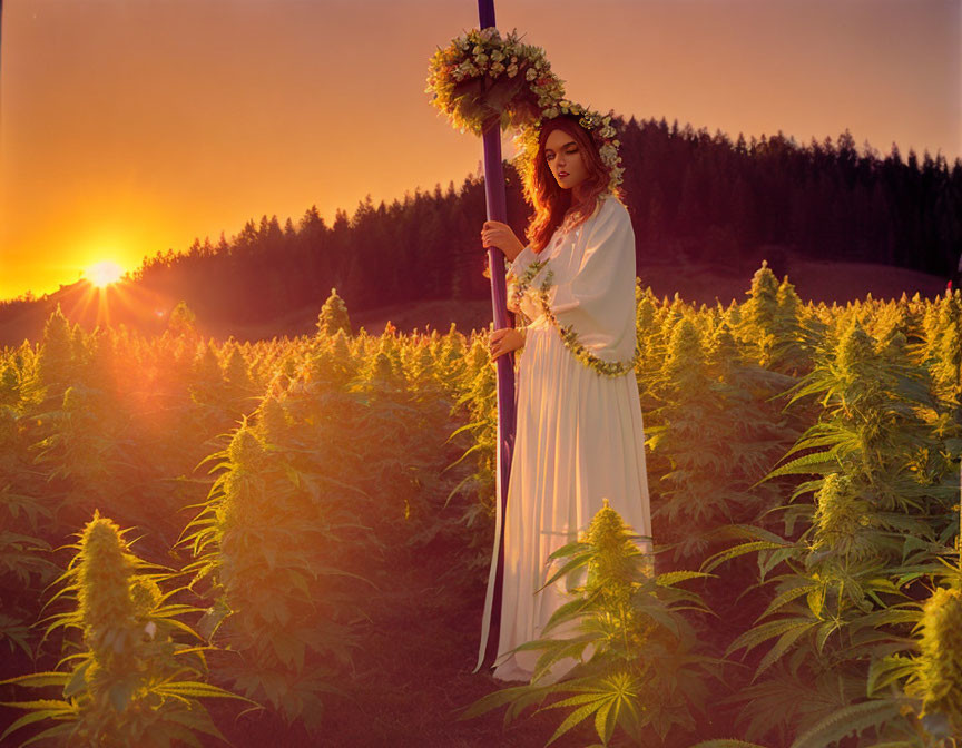 Woman in White Dress with Flower-Adorned Staff Among Green Plants at Sunset