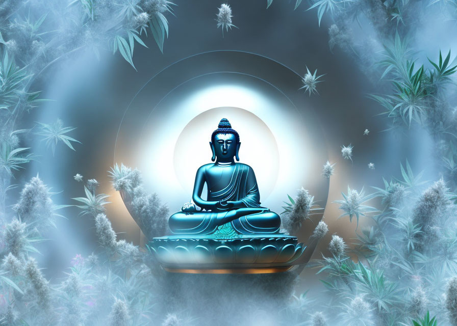 Illuminated Buddha statue in meditation with halo, blue foliage, misty background