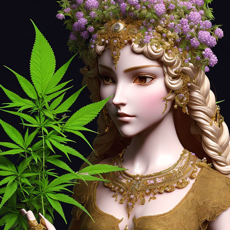 Digital art portrait featuring woman with golden hair accessories, purple flowers, and gold necklace beside cannabis leaf