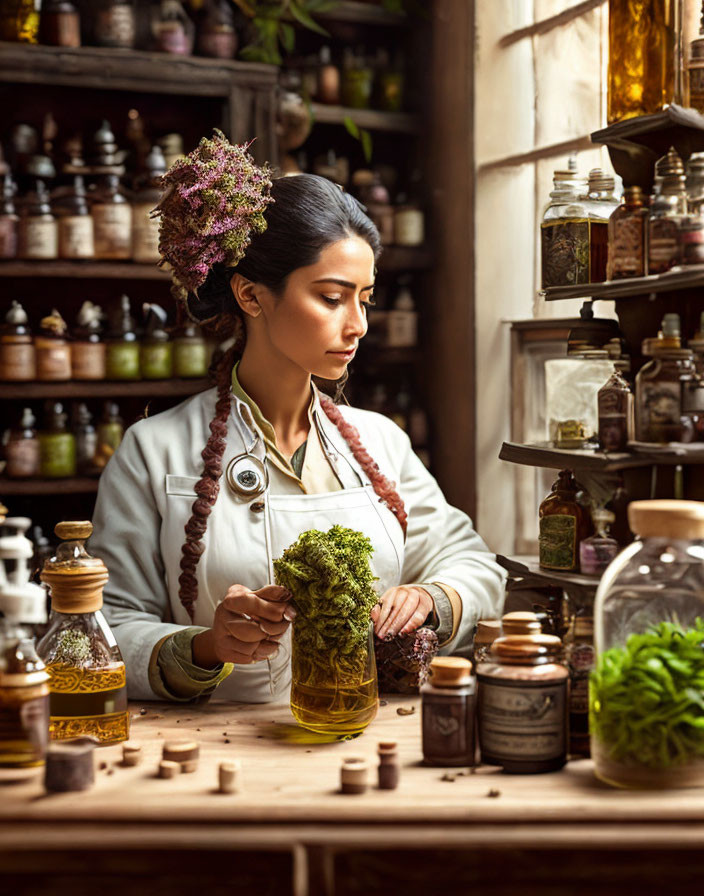 Woman in White Coat Crafting Herbal Medicine in Vintage Apothecary