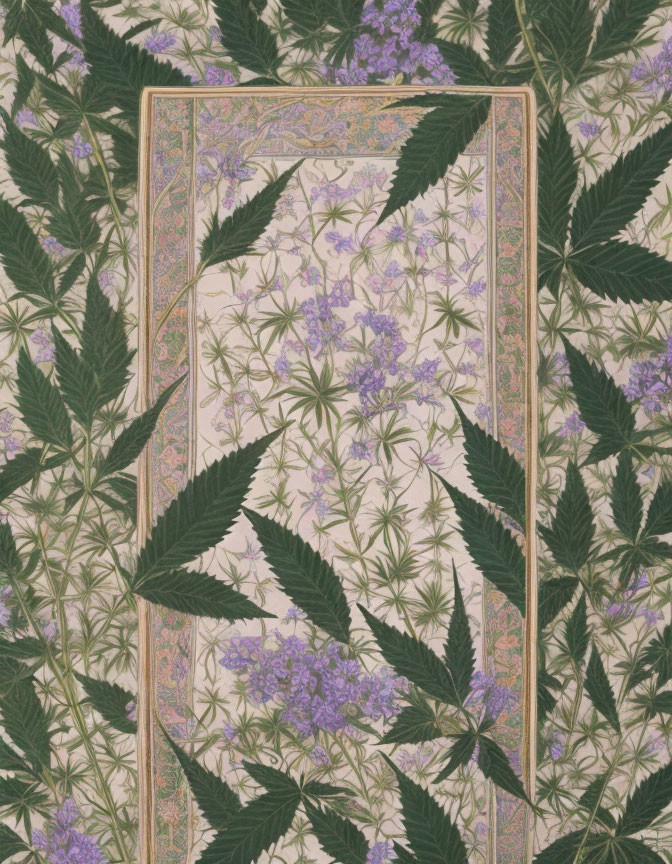 Floral Patterned Book Cover on Cannabis Leaf Background