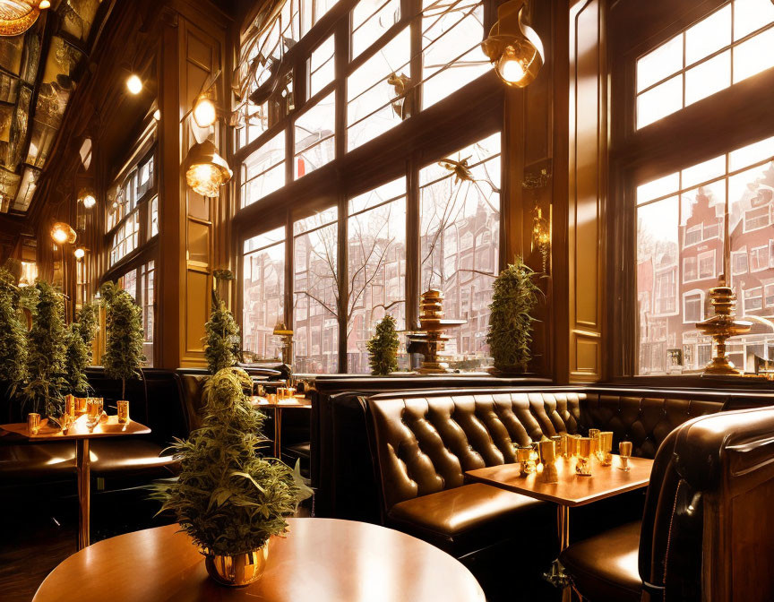 Classic Restaurant Interior with Large Windows, Leather Booths & Warm Lighting