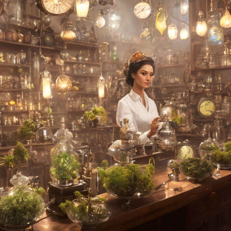 Traditional Attire Woman Surrounded by Vintage Decor and Plants