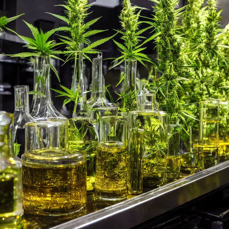 Glass beakers and flasks with amber liquid among cannabis plants in a laboratory setting