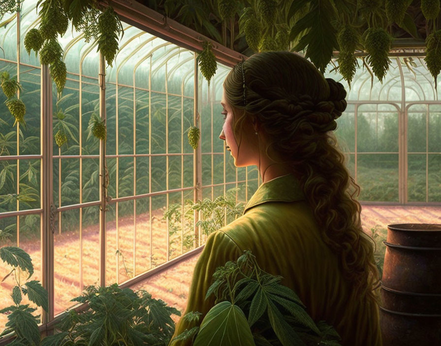 Woman in green dress with braided hair in lush greenhouse scene