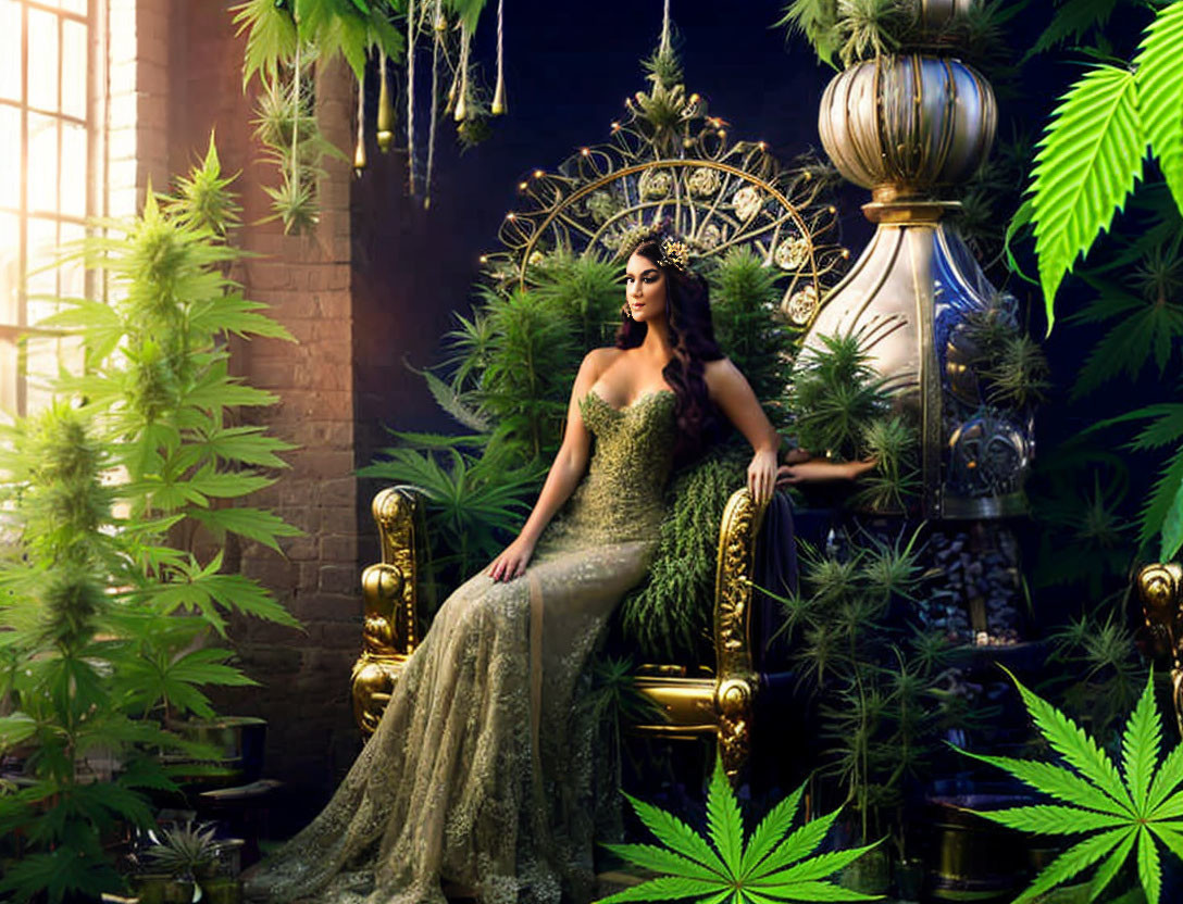 Regal woman on throne with cannabis plants and lantern in elegant setting