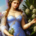 Woman in Blue Gown with Gold Adornments Surrounded by Green Foliage