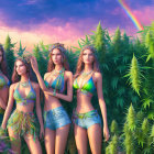 Four female 3D characters in jeweled bikinis and tiaras with cannabis plants in the background