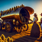 Cowboy-hat clad individuals with hay wagon at sunset in field