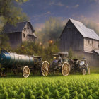 Vintage scene: Two women, old-fashioned car, water tank wagon, barn in lush green crop field