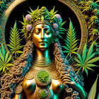 Digital Artwork: Woman with Cannabis-Themed Headpiece and Jewelry