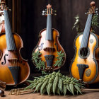 Violin, Viola, and Charango with Cannabis Plants on Wooden Surface