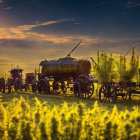 Tractor pulling tank in fields at dusk