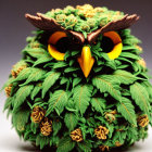 Artistic owl depiction with cannabis leaves feathers and pine cone features