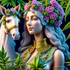 Digital Artwork: Woman with Floral Headwear, Armor, and Unicorn in Cannabis Leaf Setting