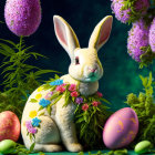 Floral collar rabbit with Easter eggs and foliage.