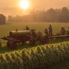 Historical woman in period attire at cannabis farm with golden light and rustic setting.