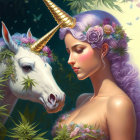 Fantasy illustration of woman with flowers and unicorn in lush green setting