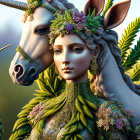 Fantasy illustration of woman and unicorn with floral adornments in lush greenery.