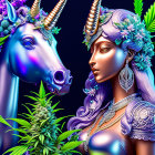 Fantasy illustration: Woman with purple hair, unicorn, flowers