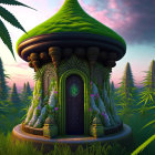 Whimsical fantasy mushroom house with green cap, ornate door, and balcony nestled among oversized fern