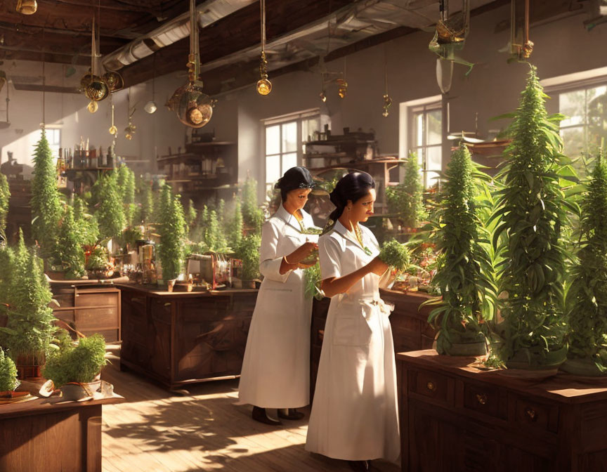 Two Women in White Lab Coats Tending to Large Plants in Rustic Laboratory