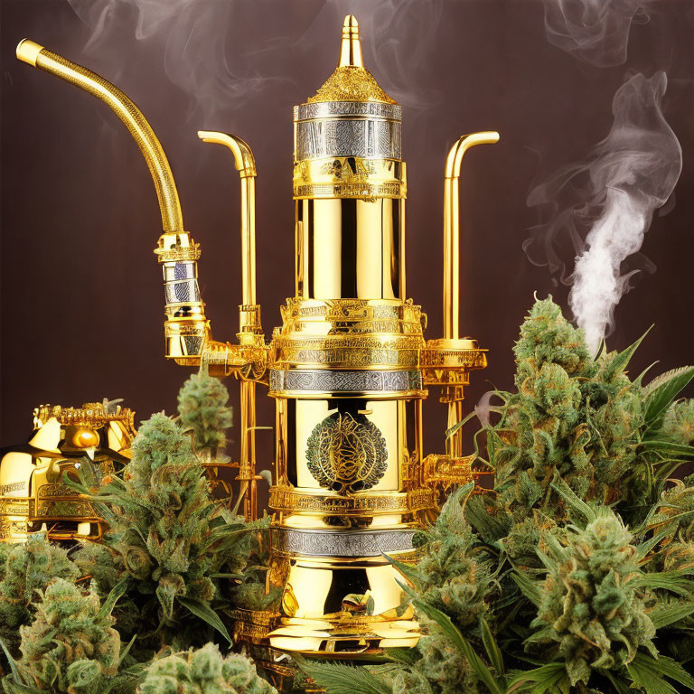 Gold Hookah Surrounded by Cannabis Buds on Dark Background