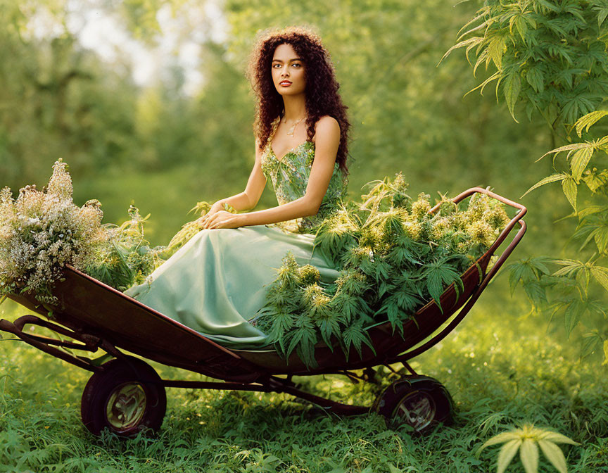 Young Woman in Green Dress Sitting in Wheelbarrow Surrounded by Lush Foliage and White