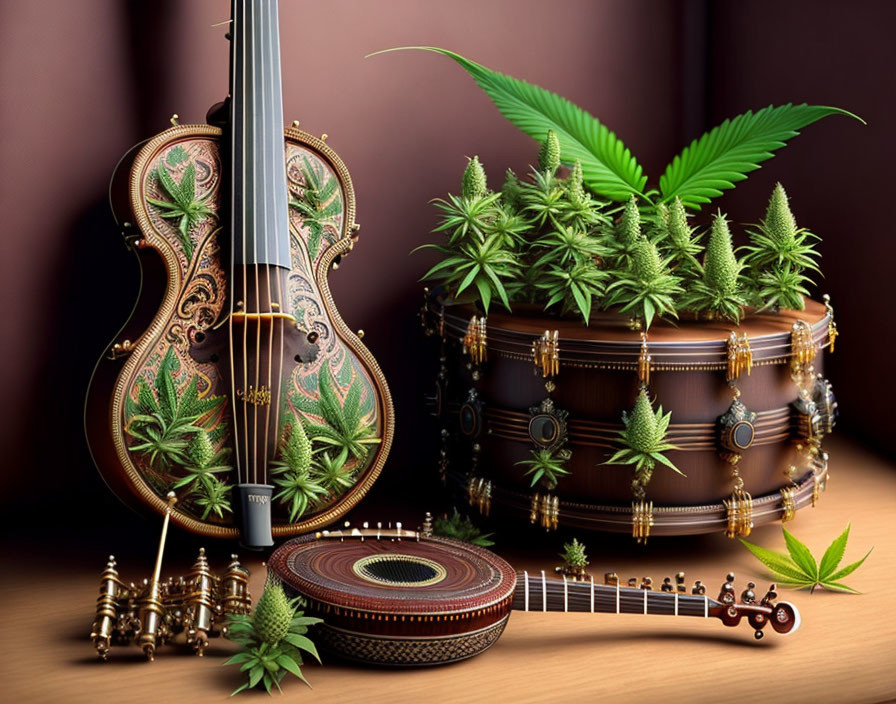 Intricately designed musical instruments with cannabis leaf motifs