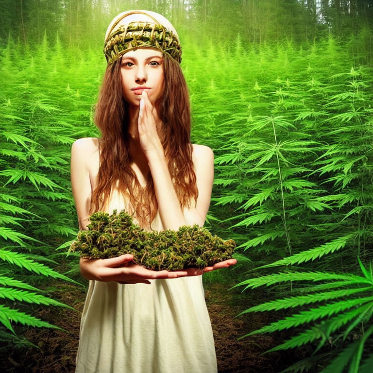 Woman in nature-inspired outfit with cannabis in lush greenery