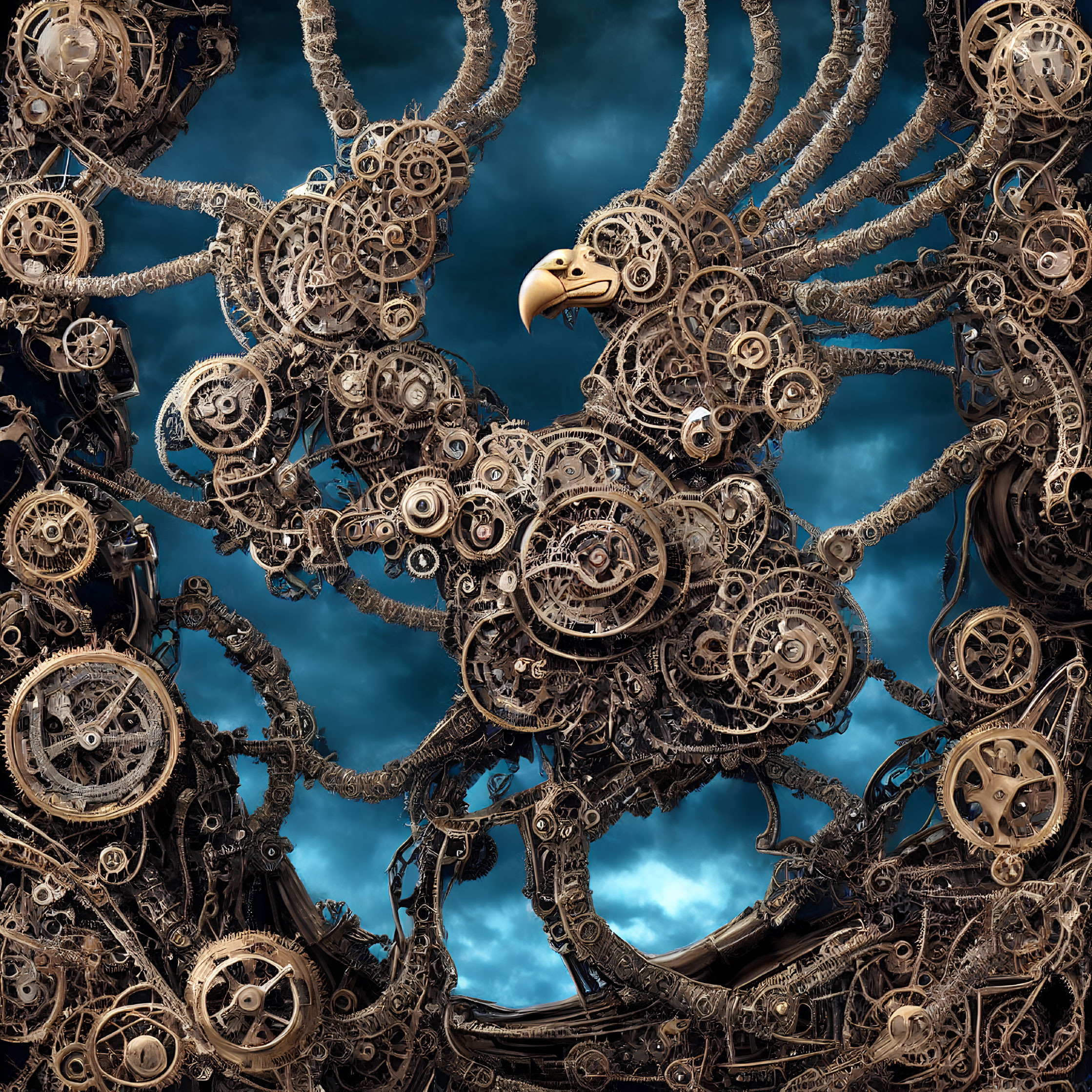 Steampunk-inspired eagle artwork with metallic gears and stormy sky
